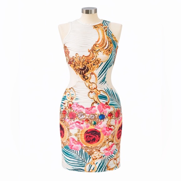Dresses & Skirts - Symphony White Baroque Print Bodycon Dress Side Cutout Sleeveless Dress Size L